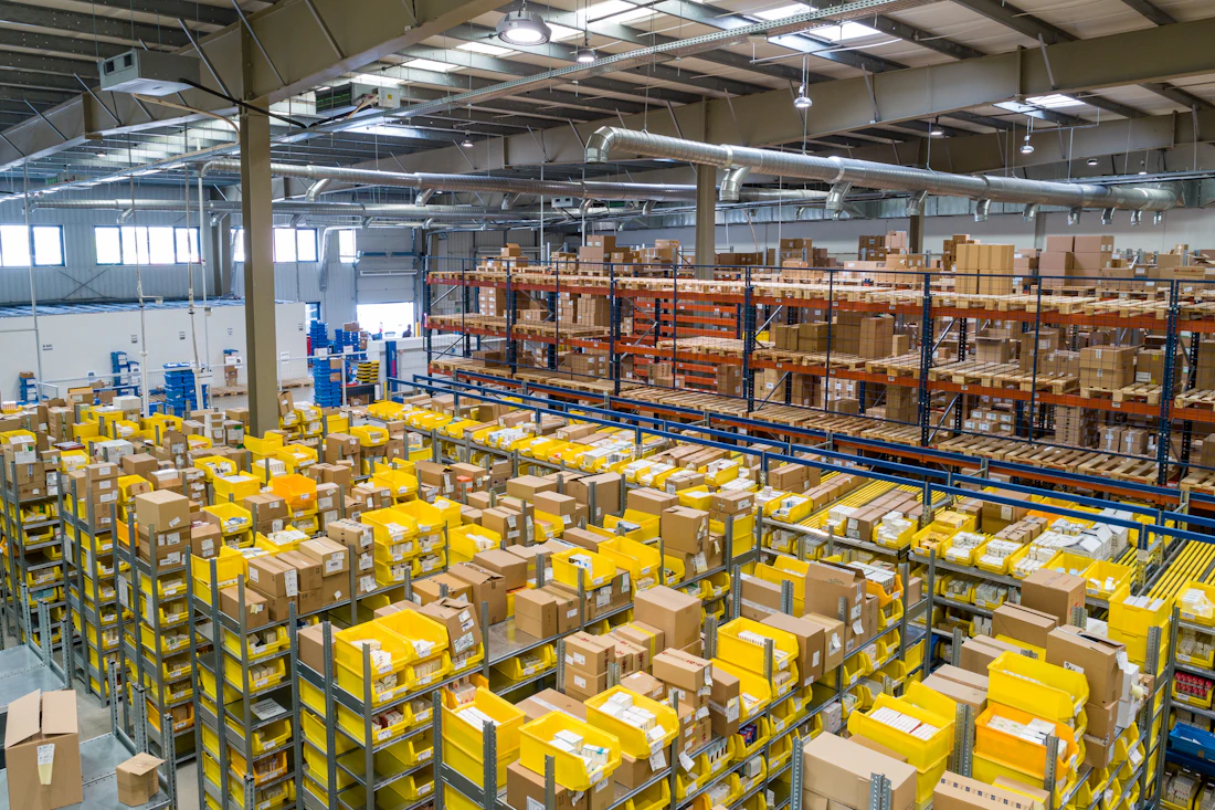 Well-organized modern warehouse with goods prepared for distribution